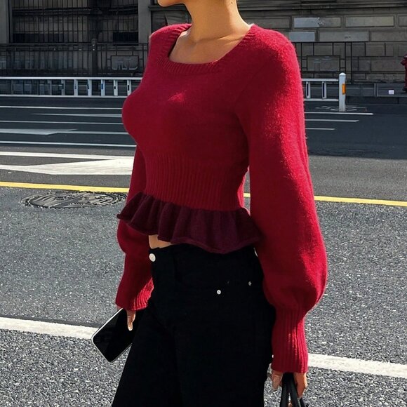 Burgundy Casual Women's Contrast Color Ruffle Trim Lantern Sleeve Sweater - Picture 3 of 9